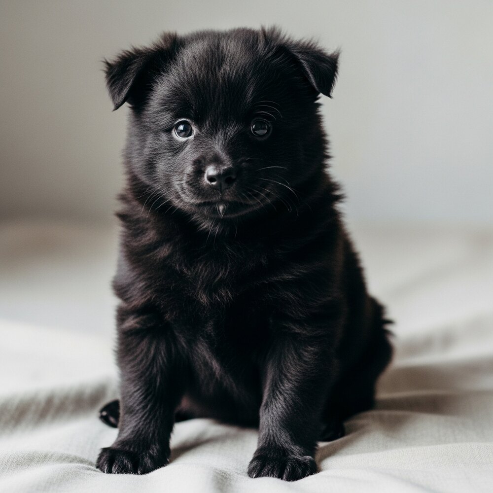 Basalte, chiot spitz moyen noir de huit semaines, assis, tête massive de futur mâle