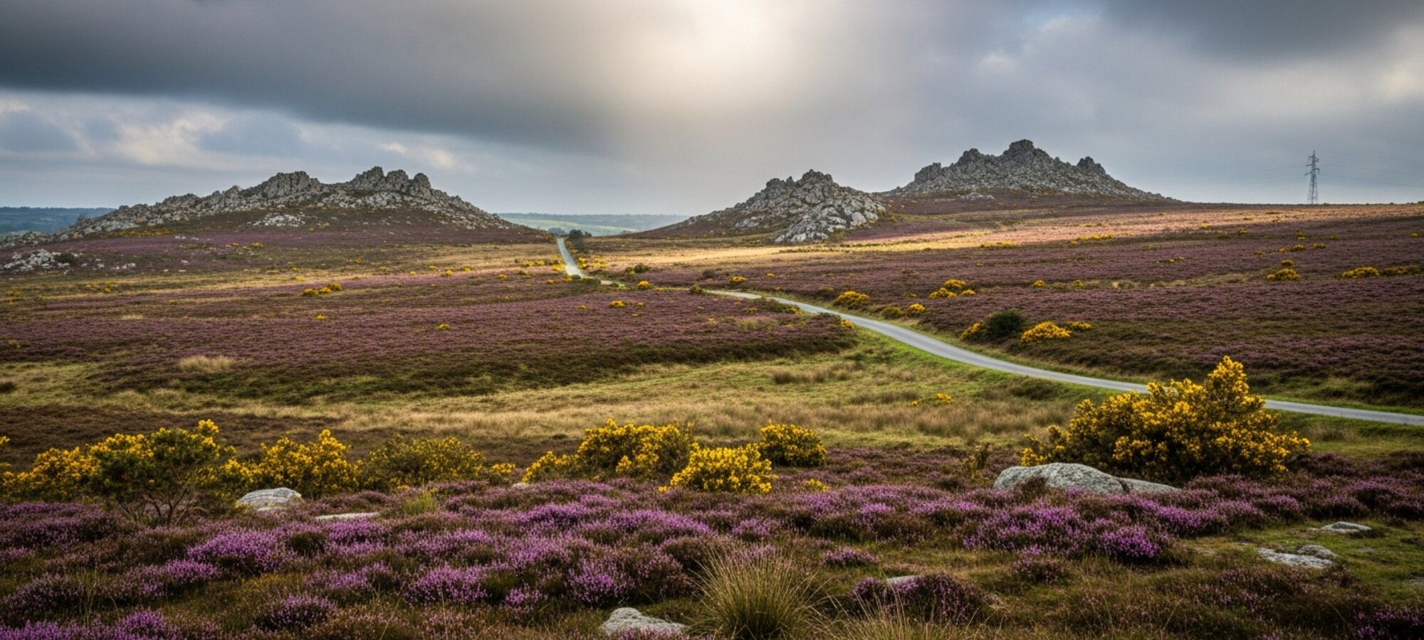 La lande des Monts d'Arrée sous un ciel changeant, crêtes de schiste au loin