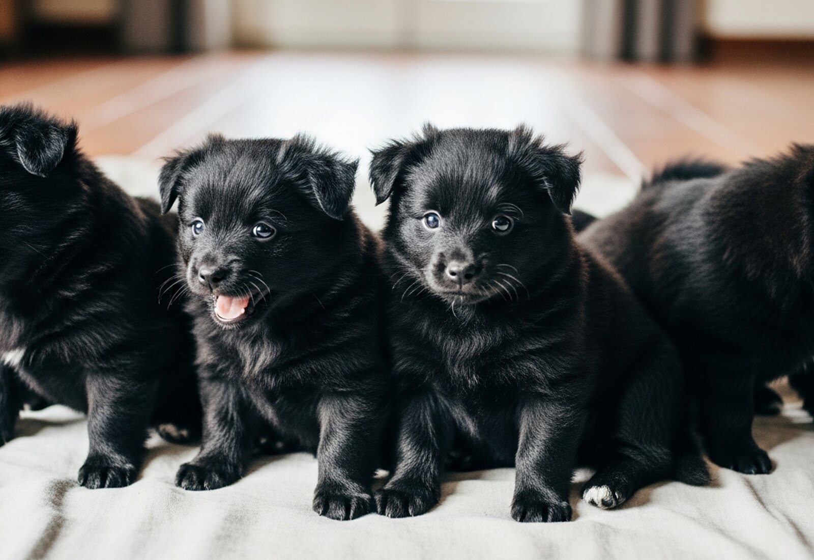 Les cinq chiots noirs de la portée B, huit semaines, dans la pièce à vivre