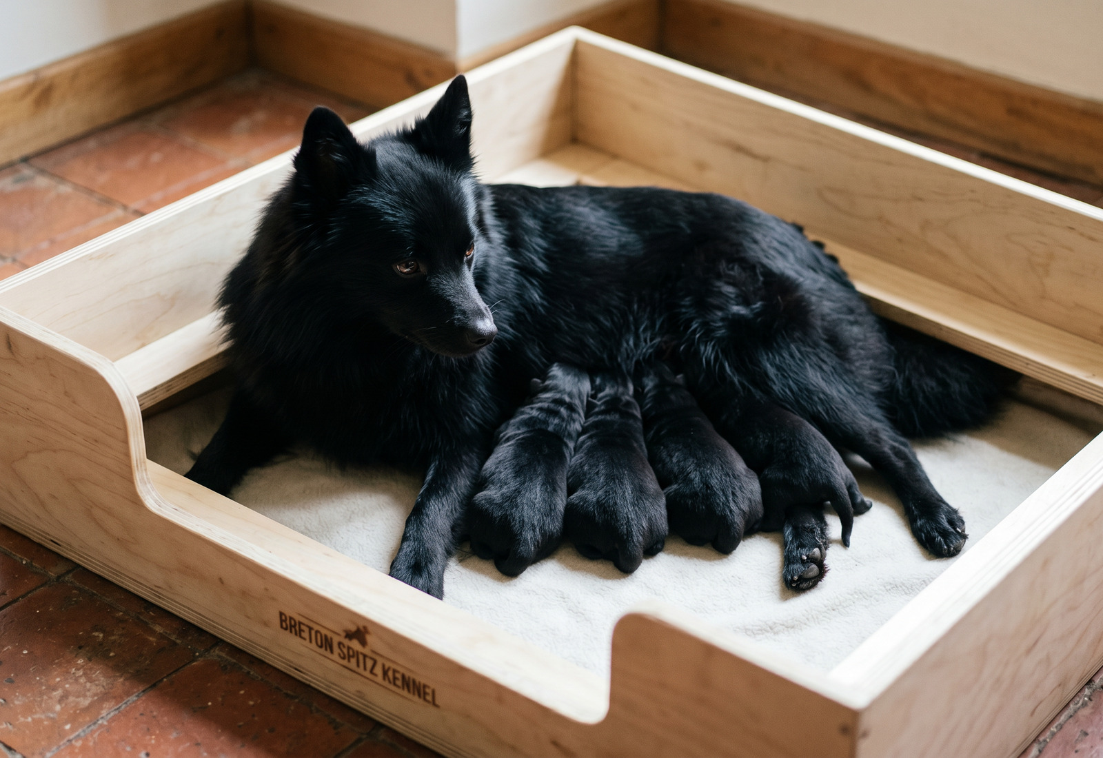 Suzeraine couchée avec ses chiots de la portée B dans la caisse de mise bas
