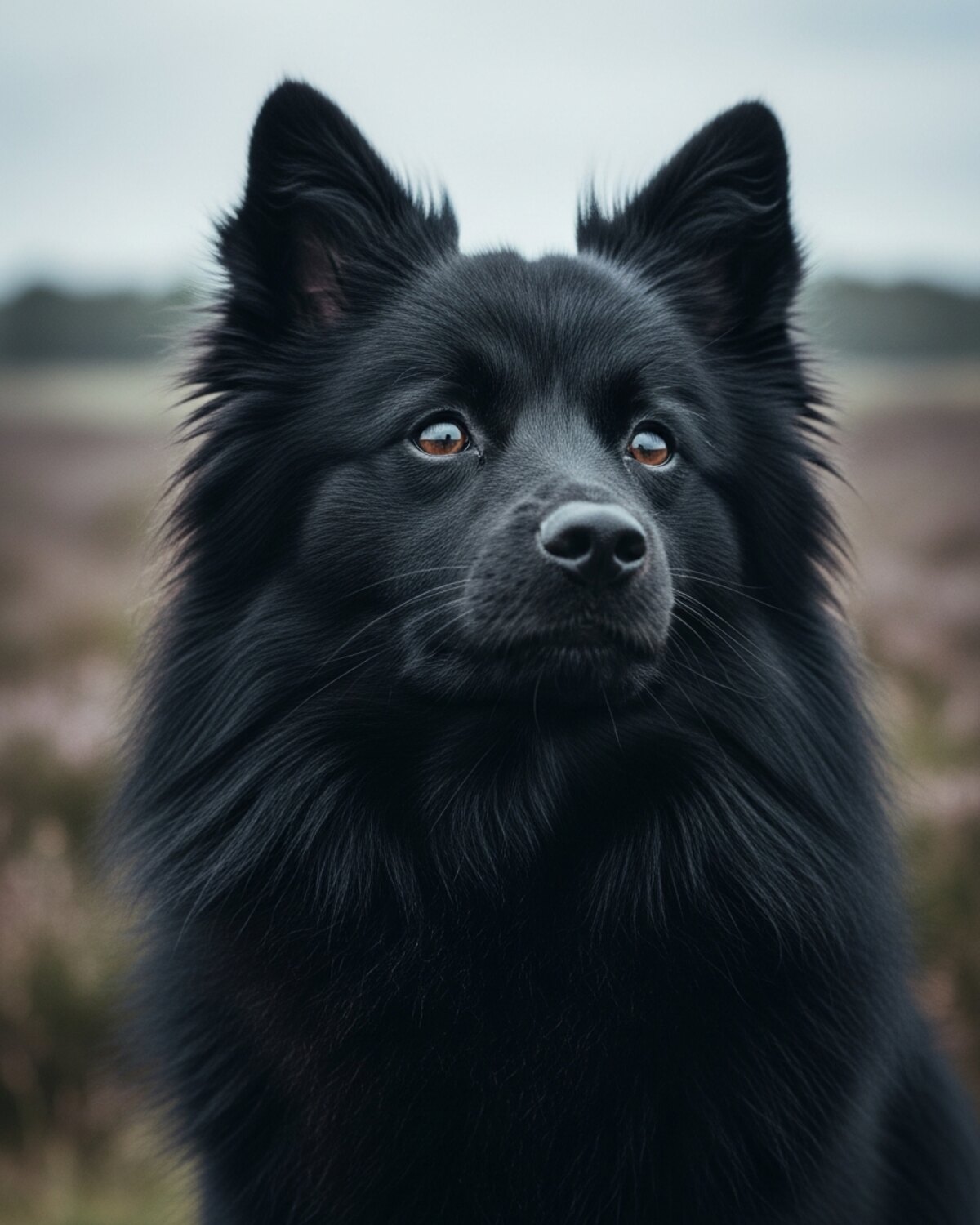 Suzeraine de la Marge, femelle spitz allemand moyen noire, portrait de face